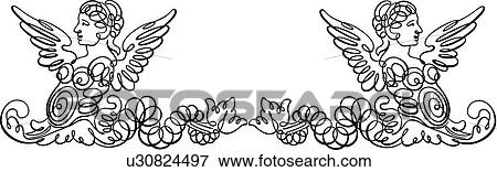 Clip Art - Calligraphic Design of two angel header. Fotosearch