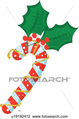 Candy cane with holly View Large Clip Art Graphic Clipart - Candy cane with holly . Fotosearch