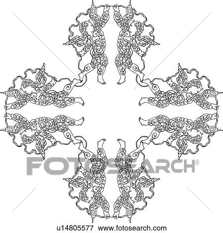 Cherubs in Cross Pattern on Calligraphic Design View Large Clip Art Graphic Clip Art - Cherubs in Cross Pattern on Calligraphic Design. Fotosearch