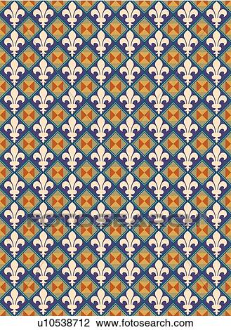 Clipart - Cream Fluer-de-lis on Blue, Green and Gold Background Pattern. Fotosearch