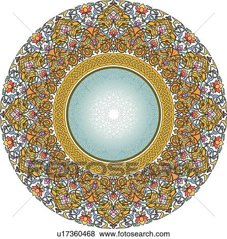 Delicate gold, green, blue and orange round floral Arabesque Design View Large Clip Art Graphic Clip Art - Delicate gold, green, blue and orange round floral Arabesque Design. Fotosearch