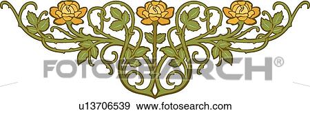 Clip Art - Design Ornament with Three Flowers and Green Leaves. Fotosearch