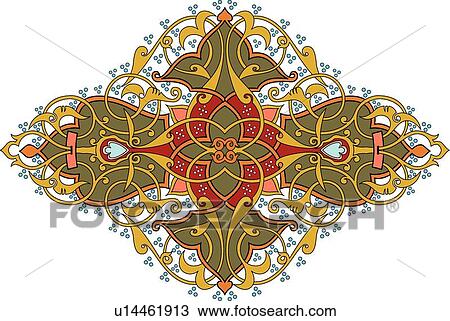 Fancy green, orange, red and blue Arabesque Design View Large Clip Art Graphic Clipart - Fancy green, orange, red and blue Arabesque Design. Fotosearch