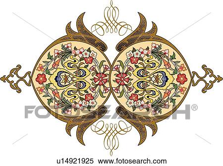 Fancy green, red, yellow and gold Arabesque Design View Large Clip Art Graphic Clipart - Fancy green, red, yellow and gold Arabesque Design. Fotosearch