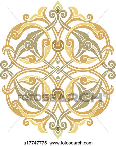 Clipart - Fancy green, tan and yellow Arabesque Design. Fotosearch