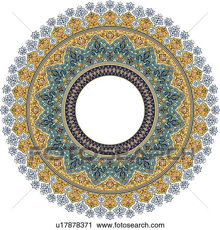 Fancy round blue, yellow and green Arabesque Design with open center View Large Clip Art Graphic Clipart - Fancy round blue, yellow and green Arabesque Design with open center. Fotosearch