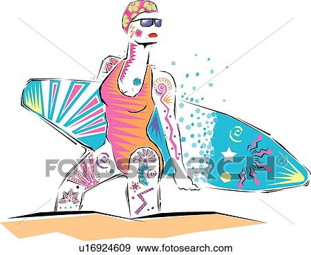Clip Art - Fiesta clipart woman on beach with surfboard. Fotosearch