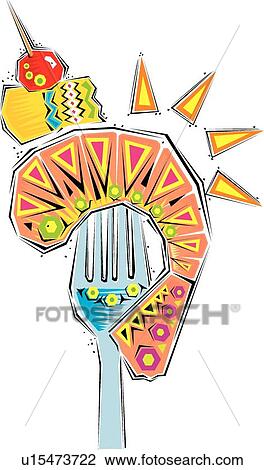 Clipart - Fiesta image of fork with shrimp, pineapple and a cherry. Fotosearch