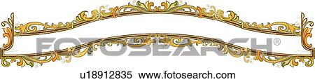 Clipart - Gold arched Ribbon header with orange and green leaf accents. Fotosearch