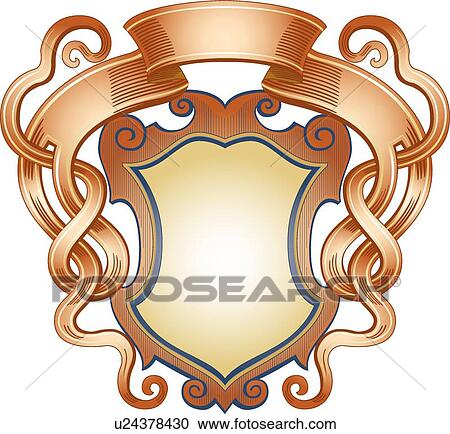 Clipart - Gold banner with brown and blue shield Frame. Fotosearch
