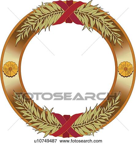 Clip Art - Gold circle Frame with yellow flowers, green leaf branches and red ribbon. Fotosearch