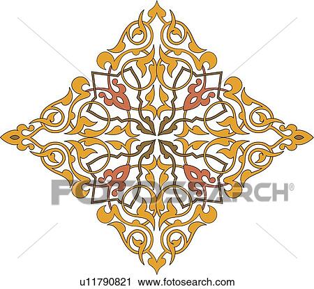 Gold, orange, and green diamond shaped arabesque Design View Large Clip Art Graphic Clipart - Gold, orange, and green diamond shaped arabesque Design. Fotosearch