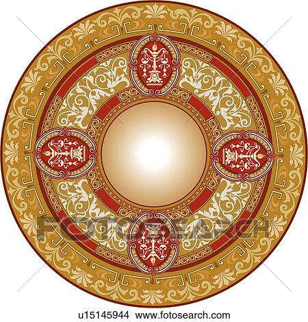 Clipart - Gold, red and cream circular leaf pattern Design Ornament. Fotosearch