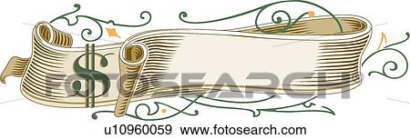 Clip Art - Gold scroll ribbon banner with green and orange accents and the dollar sign. Fotosearch