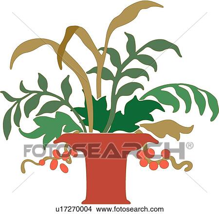 Clipart - Green and Brown Leaves in Red Planter. Fotosearch
