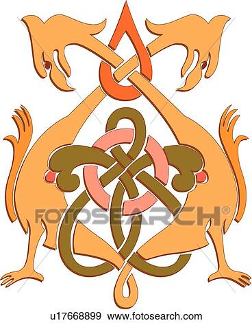 Clip Art - Green and orange Celtic birds Design Ornament. Fotosearch