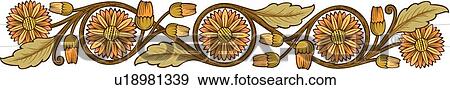 Clip Art - Green and orange floral design ornament. Fotosearch