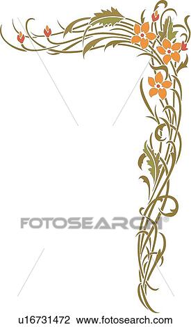Clipart - Green and orange flower corner Design Ornament. Fotosearch