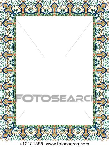 Clip Art - Green, blue and orange arabesque Border. Fotosearch