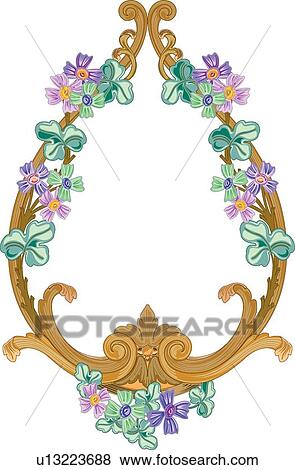 Clip Art - Green, blue and purple flowers on brown branch Frame. Fotosearch