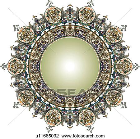 Green, blue, orange and grey circular Arabesque Design with green center View Large Clip Art Graphic Clipart - Green, blue, orange and grey circular Arabesque Design with green center. Fotosearch