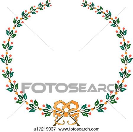 Clip Art - Green Floral Wreath with Orange Bow. Fotosearch