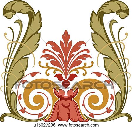 Green, gold and coral floral Design Ornament View Large Clip Art Graphic Clip Art - Green, gold and coral floral Design Ornament. Fotosearch