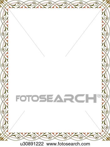 Clipart - Green, gold and pink leaf arabesque Border. Fotosearch