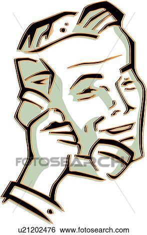 Clip Art - Green gold man holding a phone . Fotosearch