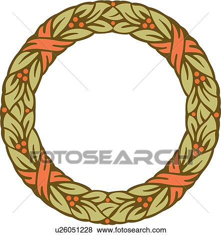 Clip Art - Green Leaf Wreath with Orange Ribbon. Fotosearch