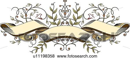 Clip Art - Green leaves with tan banner. Fotosearch