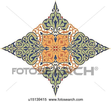 Clipart - Green, orange and blue diamond shaped Arabesque Design. Fotosearch