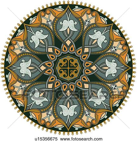 Clipart - Green, orange and brown floral round Arabesque Design. Fotosearch