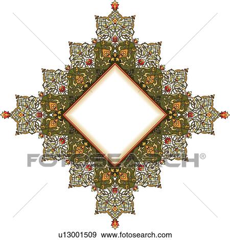 Clip Art - Green, orange and red flower pattern Arabesque frame with diamond center. Fotosearch