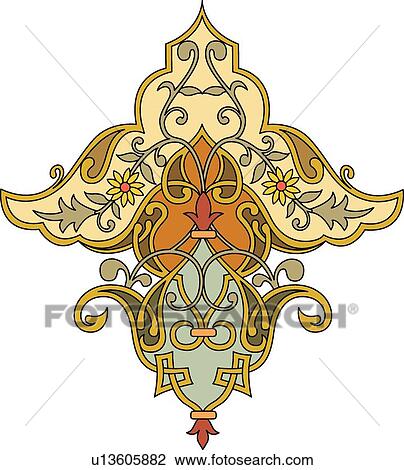 Clipart - Green, Orange and Yellow Arabesque Design. Fotosearch