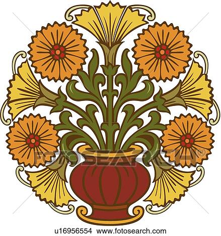 Clipart - Green, orange and yellow floral round Design Ornament. Fotosearch