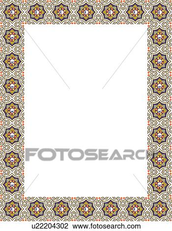 Green, orange and yellow flower pattern victorian Border View Large Clip Art Graphic Clipart - Green, orange and yellow flower pattern victorian Border. Fotosearch