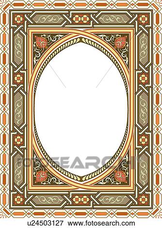 Clip Art - Green, Orange, and yellow rectangle Arabesque frame with open Oval center. Fotosearch