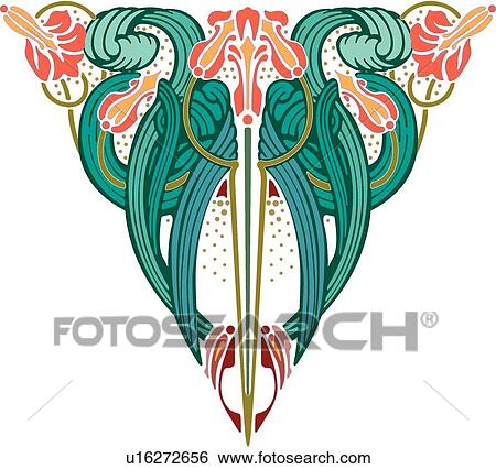 Clip Art - Green pink and orange floral Design Ornament. Fotosearch