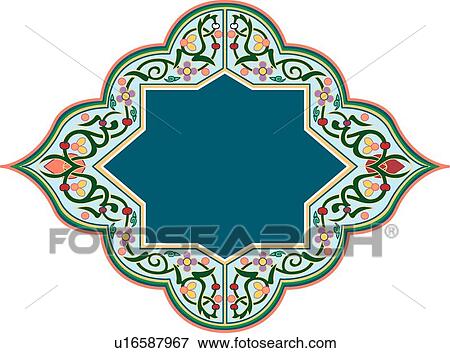 Clip Art - Green, pink, purple and orange floral pattern Arabesque frame with blue center. Fotosearch