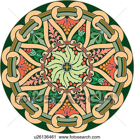 Clipart - Green, red and orange floral circle Design Ornament. Fotosearch