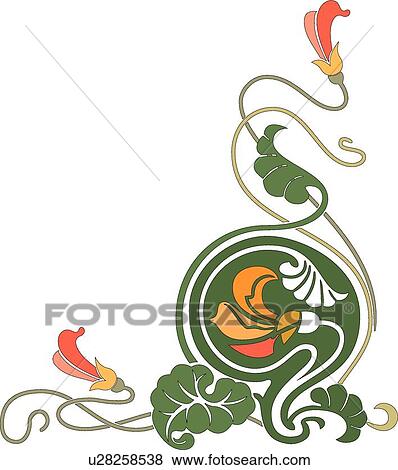 Clip Art - Green, red and orange flower corner Design Ornament. Fotosearch