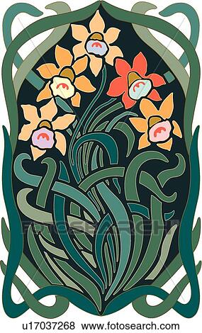 Clip Art - Green, red and orange flower Design Ornament. Fotosearch