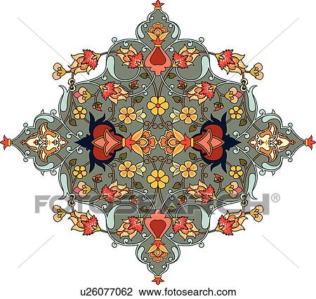 Clipart - Green, red, orange and grey diamond shaped Arabesque Design with floral accents. Fotosearch