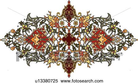 Clipart - Green, red, orange and yellow leaf pattern Arabesque Design. Fotosearch