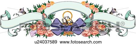 Clip Art - Green Ribbon Banner with Flowers and Purple Bow. Fotosearch