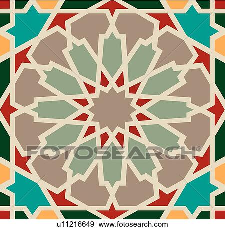 Clip Art - Green, Tan and Red Arabesque Design. Fotosearch