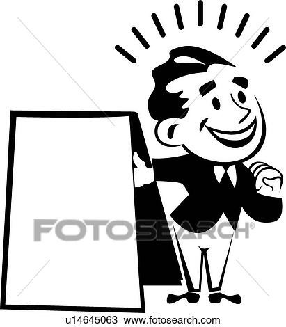 Clipart - Happy businessman standing by sign board. Fotosearch