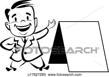 Clipart - Happy man standing by sign board. Fotosearch