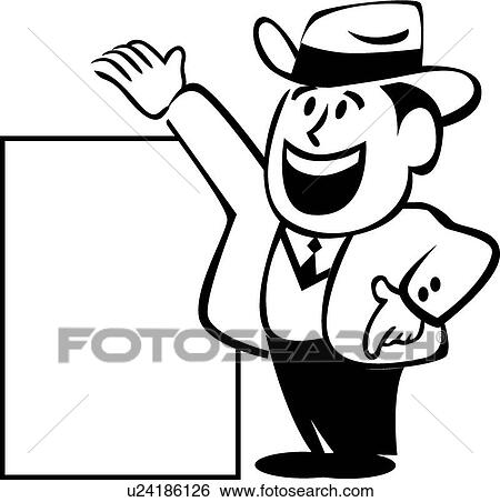 Clip Art - Happy retro man standing by sign. Fotosearch